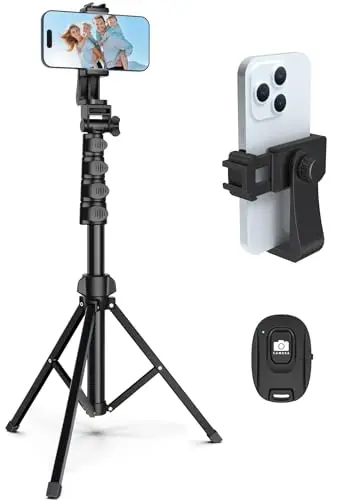 Liphisy 64-inch adjustable tripod with phone holder attached