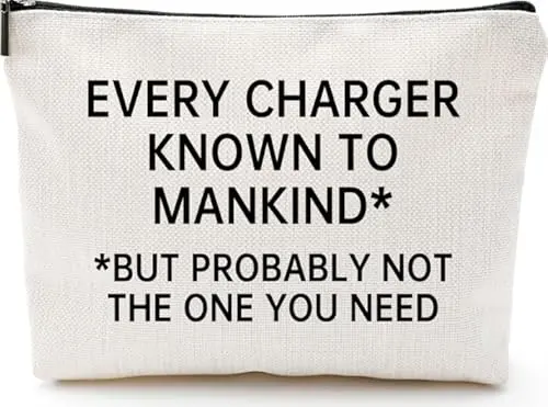 A light-colored linen pouch with the funny text 'Every Charger Known To Mankind' printed on it.