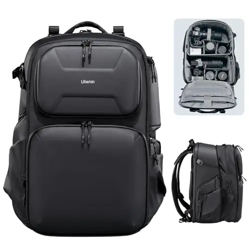 ULANZI BP10 black hardshell camera backpack with side access and tripod holder