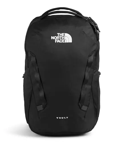THE NORTH FACE Vault backpack in black, showing sleek design and multiple compartments