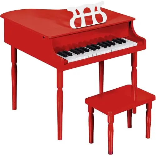 Red mini grand piano toy for kids with 30 keys, lid, bench, and music rack