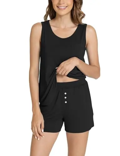 GYS women's sleeveless bamboo viscose pajama set with tank top and shorts in Black