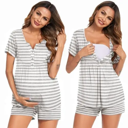 Ekouaer short sleeve maternity pajama set in light grey stripe, featuring a button-down V-neck top and elastic shorts.