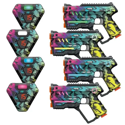 Cyberpunk-style laser tag set with four guns and vests featuring life indicators.