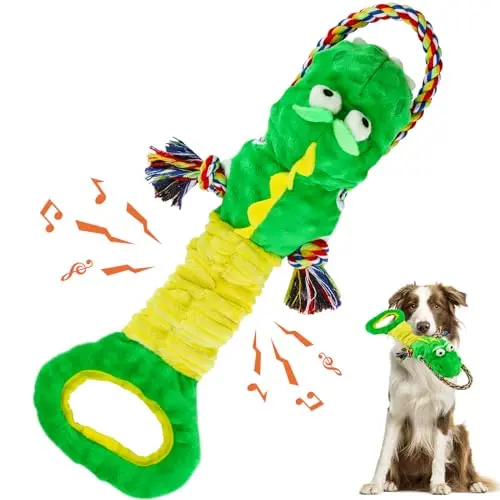 YINEYA green dinosaur squeaky dog toy with rope for tug of war