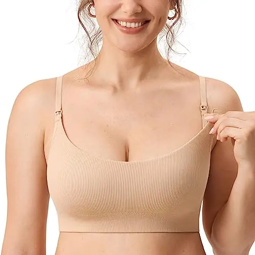 MOMANDA Ribbed Nursing Sports Bra in Beige