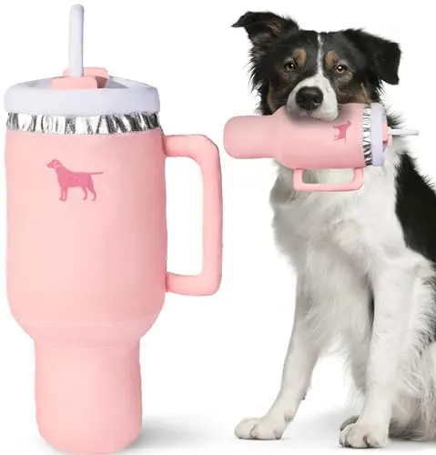 Pink peach dust colored tumbler cup plush dog toy