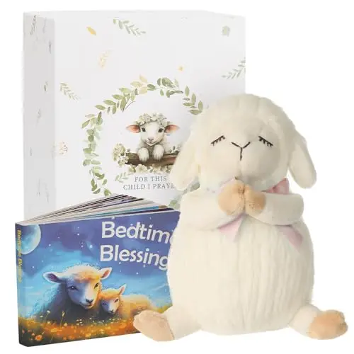 Sawnfay baptism gift set with a white praying lamb plush toy and a Bedtime Blessing board book in a keepsake box.