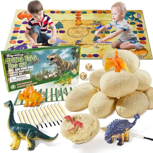 Set of 12 plaster dinosaur eggs with digging tools, play mat, and knowledge cards