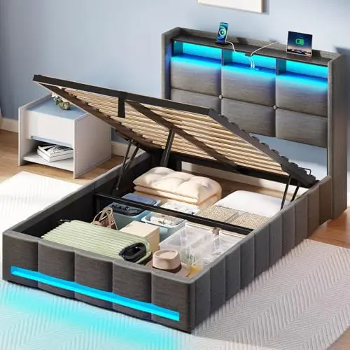 Rolanstar twin bed frame with upholstered headboard, LED lights, and lift-up storage