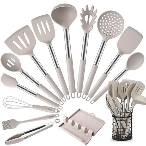 HOTEC khaki silicone kitchen utensil set with stainless steel holder