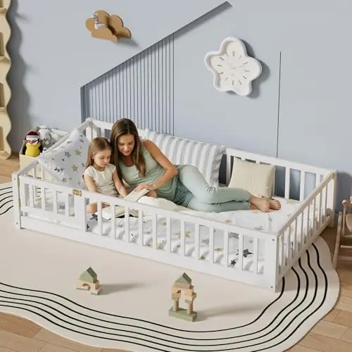 i-POOK white wooden floor bed with safety fence and small door