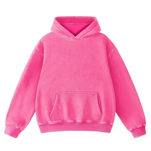 Faiable oversized acid wash hoodie in pink, showing distressed vintage style and kangaroo pocket