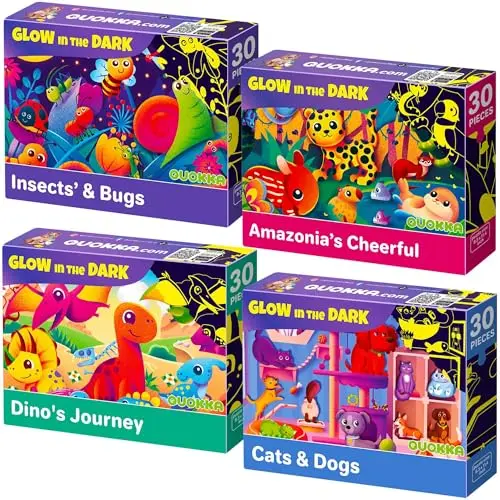 Quokka 4-pack of 30-piece glow-in-the-dark jigsaw puzzles for toddlers with dinosaur and animal themes
