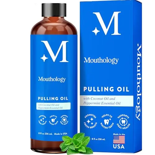 Mouthology Coconut Oil Pulling bottle with mint leaf design