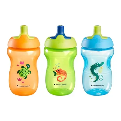 Pack of three Tommee Tippee Sportee sippy cups in orange, green, and blue