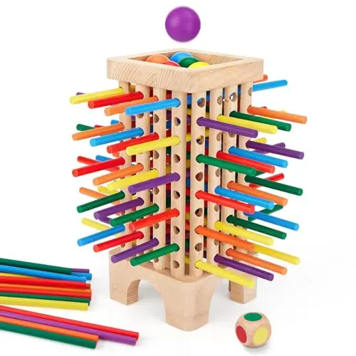 Montessori wooden tower game with colorful sticks and balls