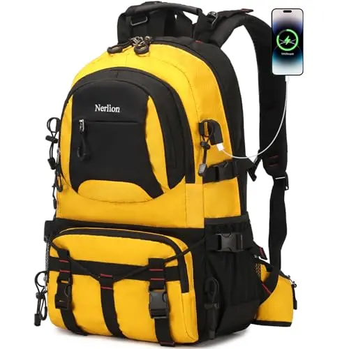 Nerlion 40L yellow hiking and travel backpack with luggage strap and anti-theft pocket