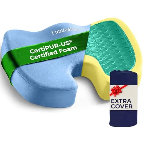 LuminaRest blue gel memory foam seat cushion with a U-shaped design and a spare navy blue cover.