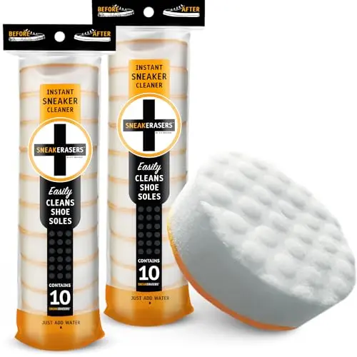 Pack of SneakERASERS dual-sided cleaning sponges next to a clean white sole.
