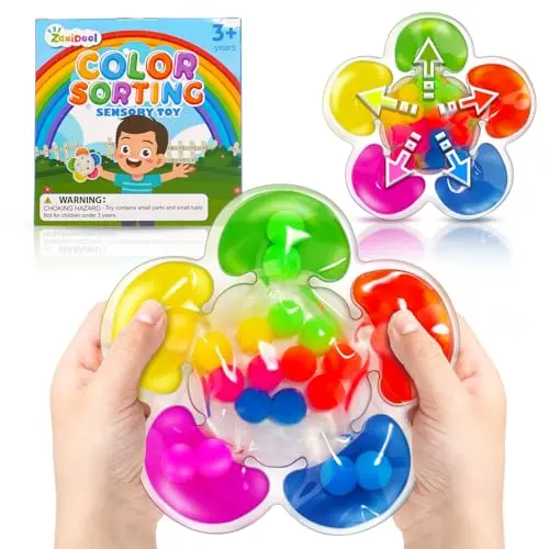 Flower-shaped color sorting sensory toy with soft beads