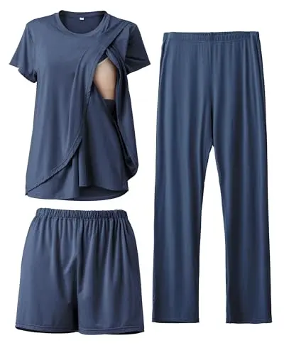 Rnxrbb 3 piece postpartum nursing pajamas set in navy, includes a short sleeve top, shorts, and long pants.