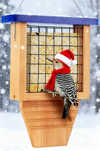 Gbekery blue wooden suet bird feeder with tail prop and wire mesh