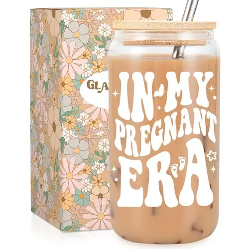 Fairy's Gift white glass coffee cup with 'in my pregnant era' text, lid, and stainless steel straw