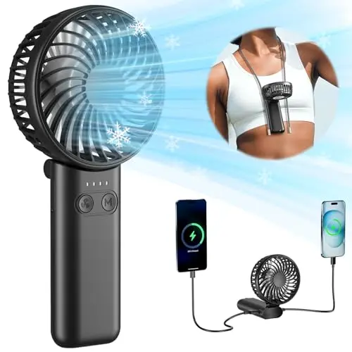 HandFan black handheld fan with lanyard being held