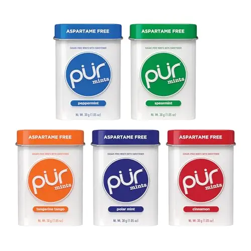 PUR Xylitol Mints Variety Pack showing five different flavor pouches