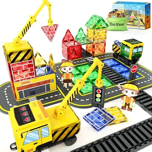 Soyee magnetic tiles construction set featuring two cranes, road tracks, and train pieces
