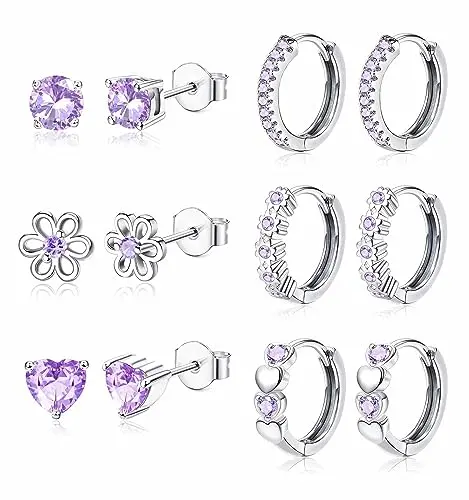 YADOCA 925 Sterling Silver Earrings for girls, featuring purple cubic zirconia studs and small hoop earrings in a gift box.