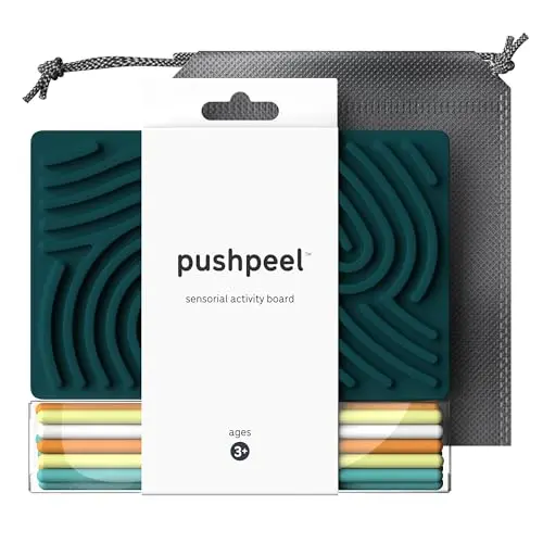 Pushpeel silicone sensory activity board with colorful strings on a blue background