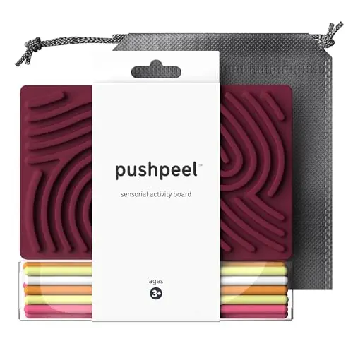 Pushpeel silicone sensory activity board with colored strings in a travel bag