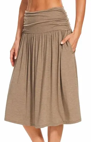 GYS Bamboo Viscose Knee Length Skirt in camel color, showing A-line cut and side pockets