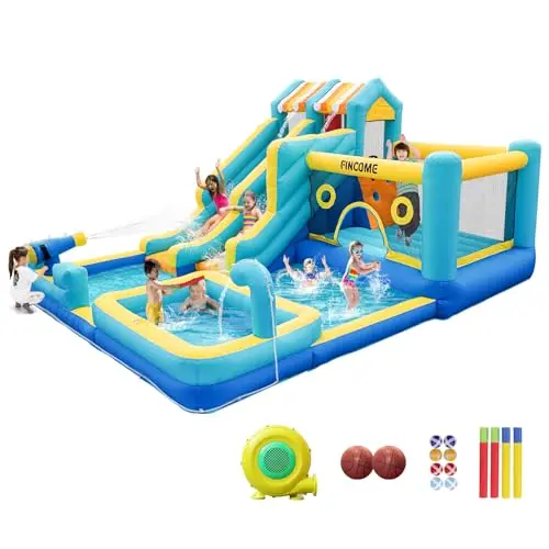 FINCOME 10-in-1 inflatable water slide bounce house with basketball hoop and water guns