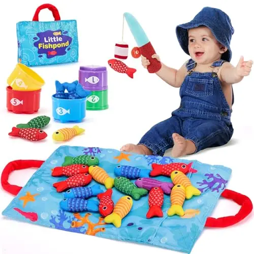 CubicFun soft cloth fishing game set with colorful fish and a storage mat