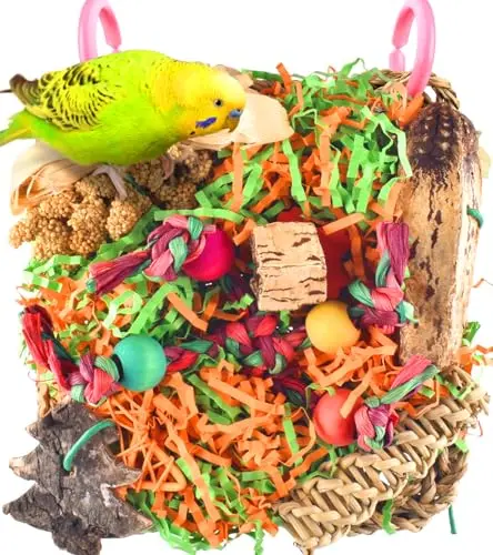 KATUMO natural seagrass mat bird toy with colorful wooden blocks and shreddable paper