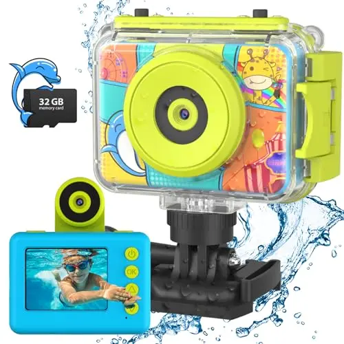 CHAKEYAKE blue waterproof kids camera with flip-up lens