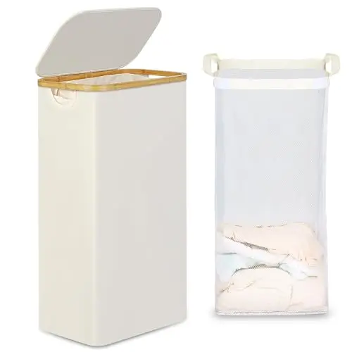 efluky beige laundry hamper with a lid, bamboo top frame, and removable bag.