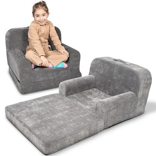 Gray ParkaLounger kids sofa shown in both chair and unfolded sleeper positions.