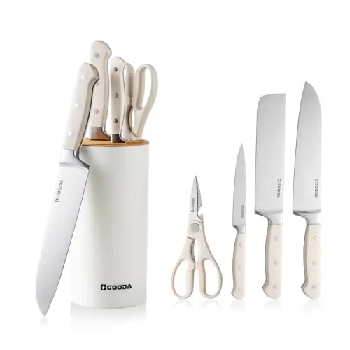 GOODA 4-piece white knife set with a block and forged blades