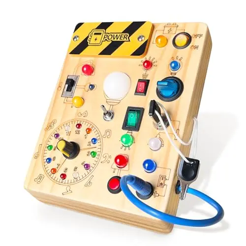 Iabedi wooden busy board with LED lights and switches
