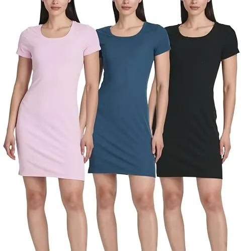 Real Essentials Ribbed Mini Dress with Short Sleeves and Slim Fit