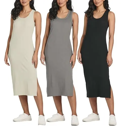 Real Essentials Ribbed Sleeveless Midi Shift Dress with Crew Neck and Slit