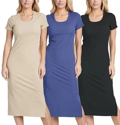 Real Essentials Ribbed Midi Dress with Crew Neck and Side Slit