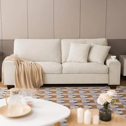 DOPEDIO beige chenille fabric loveseat with removable cushions in a cozy living room nook