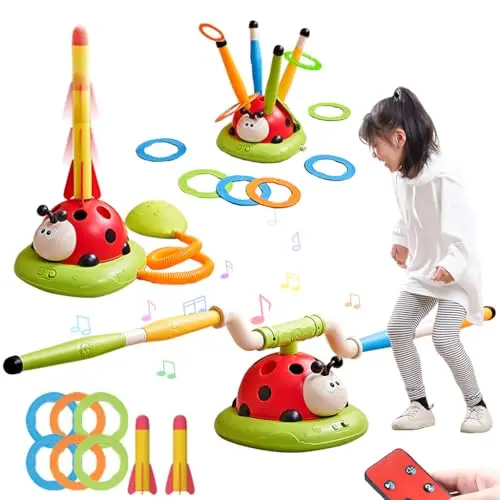 Powza red ladybug 3-in-1 toy that transforms into a jump rope game, ring toss, and rocket launcher