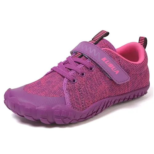 KUBUA kids barefoot sneakers with hook-and-loop closure and anti-collision toe.