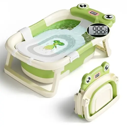 BUNWAG green collapsible baby bathtub with a removable soft floating cushion and a visible thermometer.